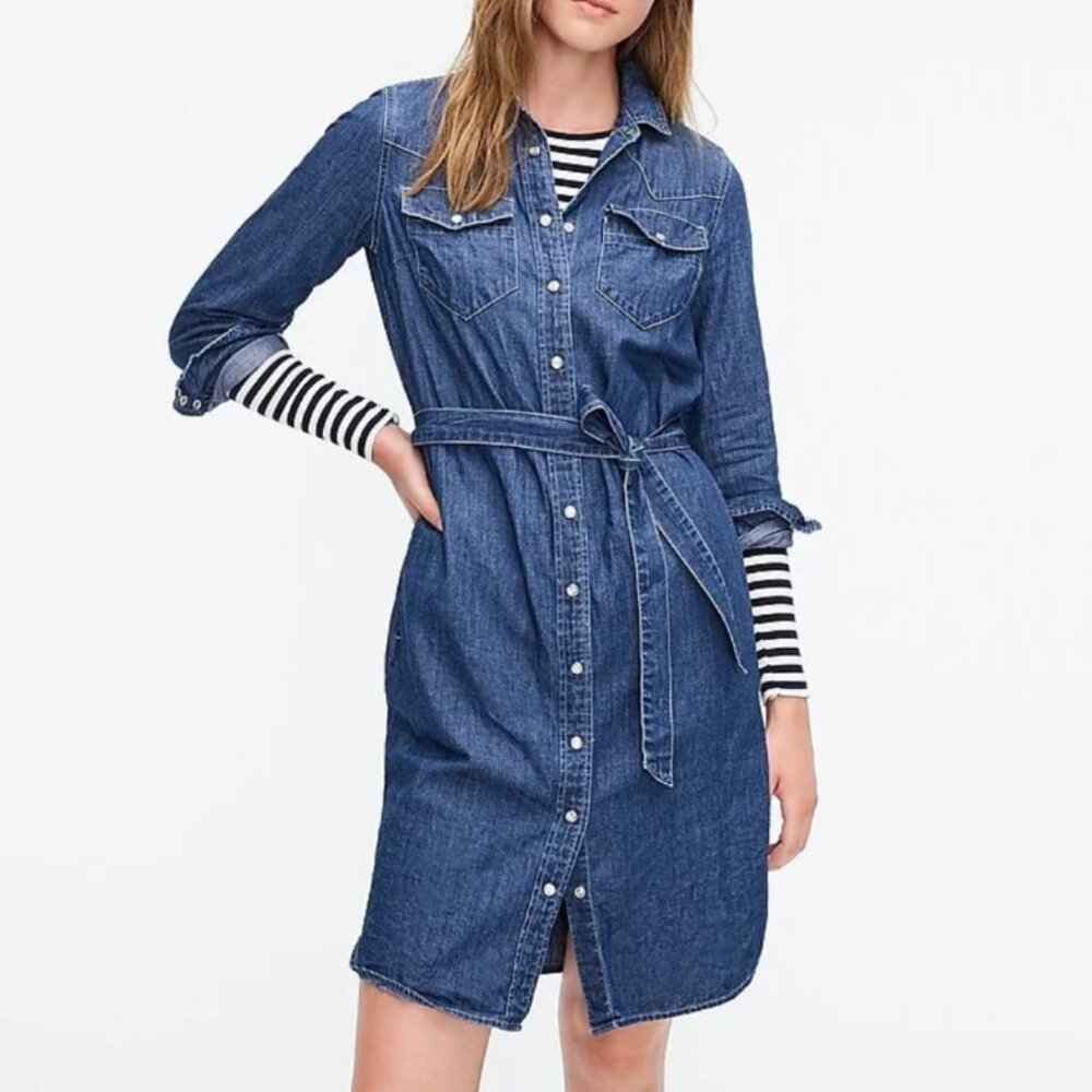J Crew Denim Pearl Snap Western Style Shirtdress With Tie Belt Size 6 - Picture 2 of 14